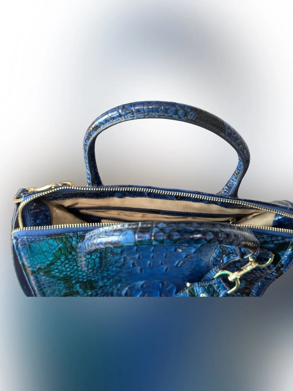 Brahmin Electric Blue Croc-Embossed Satchel with Detachable Strap